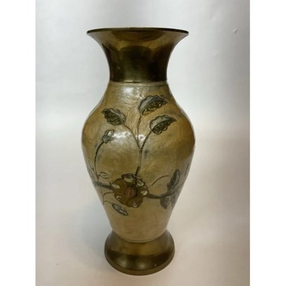 VTG Solid Brass Floral Hand Covered/Painted‎ Enamel Vase 8